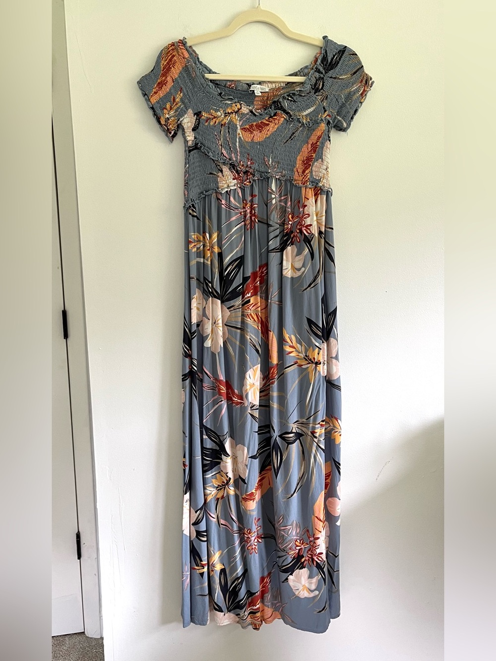 Patrons of Peace Smocked Blue Tropical Floral Print Maxi Dress Flowy Summer S